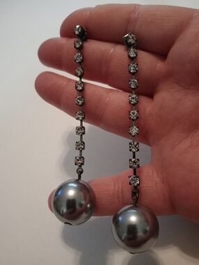 #1173   Faux Silver Toned Pearl And Rhinestone Drop Earrings, On Post Backs.